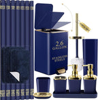 Bathroom Sets with Shower Curtain and Rugs Bathroom Accessories Set Navy Blue Bathroom Set,Soap Dispenser & Toilet Brush Holder Set with Stainless Steel Trash Can