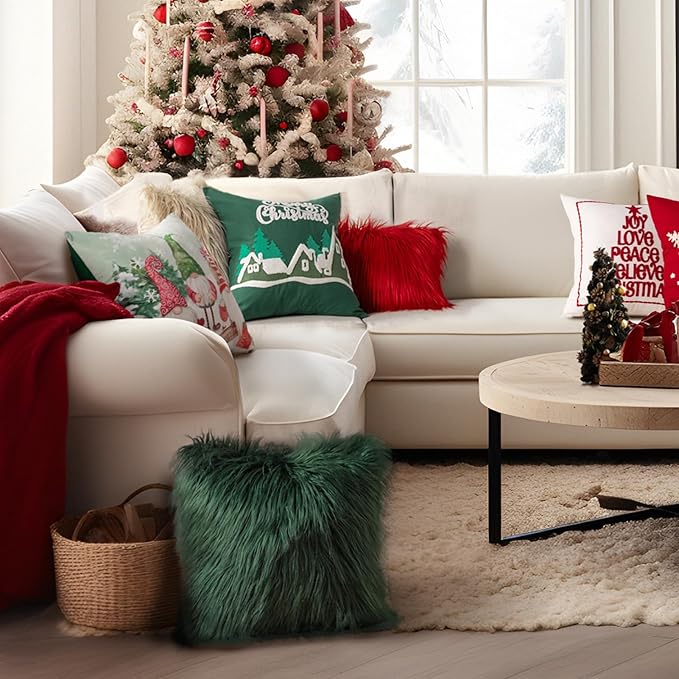 Phantoscope Pack of 2 Christmas Faux Fur Throw Pillow Covers Cushion Covers Luxury Soft Decorative Pillowcase Fuzzy Pillow Covers for Bed/Couch, Deep Green 20 x 20 Inches