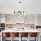 9-Light Brushed Nickel Glass Chandelier, Adjustable Height Hanging Industrial Dining Room Chandelier Over Table, Modern Farmhouse Chandelier for Kitchen Island Living Room Entryway Bedroom