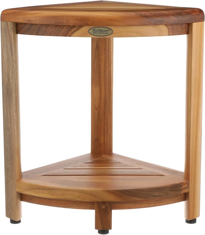 EcoDecors® SnazzyCorner® 18" Teak Wood Corner Shower Shelf in EarthyTeak Finish, Fully Assembled, for Bathroom & Outdoor Use