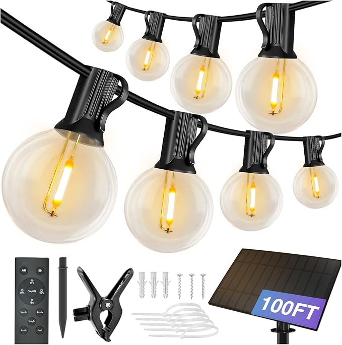DAYBETTER 100FT Solar String Lights Outdoor Waterproof with Remote,50 LED Bulbs Dimmable&Timer,Patio Lights Solar Powered, Weather Resistant for Patio, Garden, Yard, Pathway