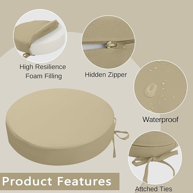 idee-home Outdoor Bistro Chair Cushions, 15”x15”x 3” Thick Outdoor Round Seat Cushions Set of 2 with Ties, Waterproof Round Patio Furniture for Garden