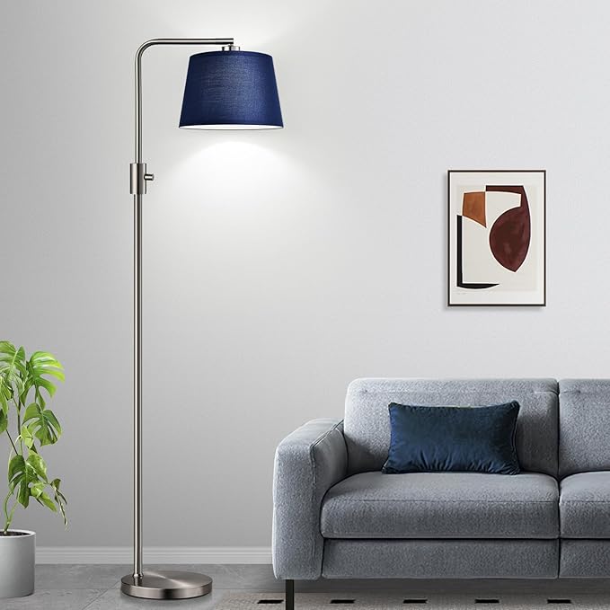 Dimmable Floor Lamp, 1000 Lumens LED Edison Bulb Included, Brushed Nickel Arc Standing Tall Floor Lamp with Blue Shade for Living Room Bedroom Office Dining Room