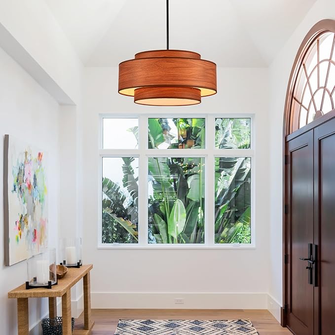 Farmhouse 19.7" Drum Wooden Chandelier Vintage 4-Lights Modern Chandelier with Wood Finish Linen Shade Retro Drum Chandeliers for Dining Room, Kitchen Island, Living Room, Bedroom