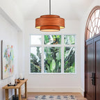 Farmhouse 19.7" Drum Wooden Chandelier Vintage 4-Lights Modern Chandelier with Wood Finish Linen Shade Retro Drum Chandeliers for Dining Room, Kitchen Island, Living Room, Bedroom