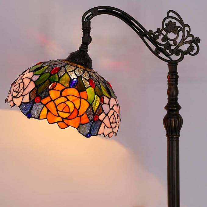 Tiffany Floor Lamp Stained Glass Orange Red Rose Flower Style Arched Reading Light Gooseneck Adjustable Corner Standing Lamp 12X16X66 Inch for Bedroom Living Room Home Office