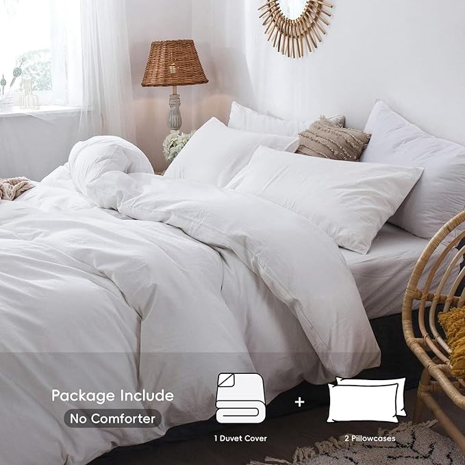 MooMee Bedding Duvet Cover Set 100% Washed Cotton Linen Like Textured Breathable Durable Soft Comfy (Solid Off White, King 104"x90")