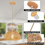 Boho Pendant Light Fixture Kitchen Chandelier Rattan Hanging Light Flush Mount Ceiling Light Boho Lamp Shade Wooden Base Bohemian Chandeliers for Hallway Bedroom Chandelier Dinning Light Fixture