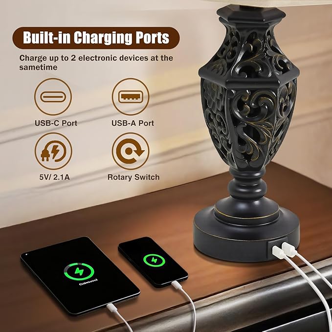 Lamps for Night Stands Set of 2-23.5" Vintage Bedside Lamp with USB A+C and Nightlight - Black Retro Carved Resin Farmhouse Table Lamp for Bedrooms, End Tables, Living Room, Bulbs Included