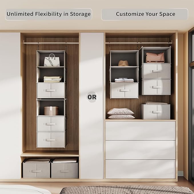 Vailando 6-Shelf Hanging Closet Organizer, 2 Separable 3-Shelf Hanging Shelves with 3 Drawers for Wardrobe, Nursery, Baby Clothes Organization and Storage