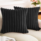 Double-Sided Faux Fur Plush Throw Pillow Covers 20x20 Set of 2 Fuzzy Striped Soft Cozy Pillowcase Luxury Decorative Pillows Square Fluffy Cushion Covers for Couch Sofa Bed,Black