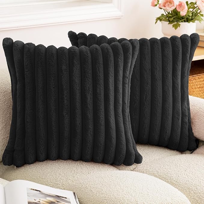Double-Sided Faux Fur Plush Throw Pillow Covers 20x20 Set of 2 Fuzzy Striped Soft Cozy Pillowcase Luxury Decorative Pillows Square Fluffy Cushion Covers for Couch Sofa Bed,Black