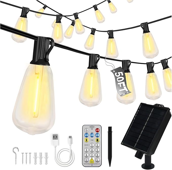 DAYBETTER 50ft Solar String Lights Outdoor Waterproof, 25 Bulbs 2700K Warm White Energy-Saving, Solar String Lights for Garden, Patio, Backyard - Perfect for Homeowners