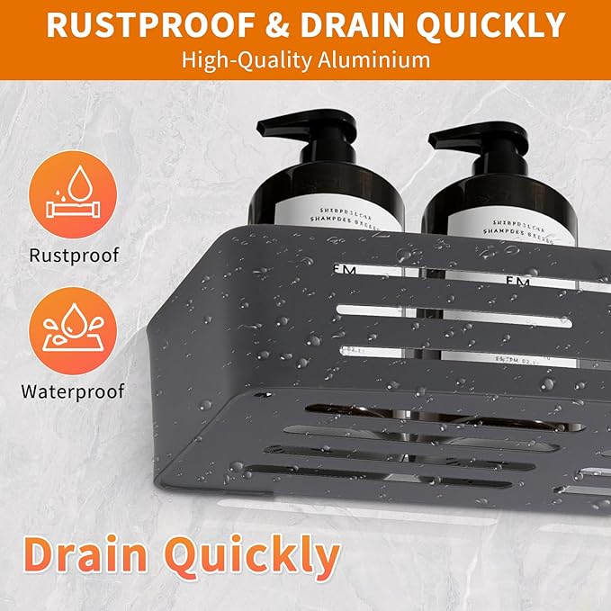 Shower Caddy Shelf Rack, Self Adhesive Shower Shelves with Hooks, Rustproof Bathroom Organizers and Storage, Home Decor Accessories (Rectangle-Black)