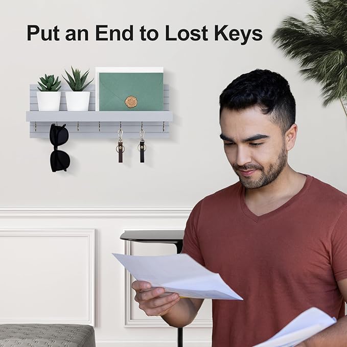 Key Holder Wall Mount, Entryway Mail Organizer with Shelf, Decorative Key Hanger with 7 Hooks Holds Leashes and Glasses, Includes Mounting Hardware (13.8” x 5.3” x 3.2”)