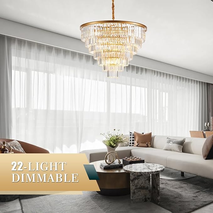 7-Tiers 22 Lights Gold Crystal Chandelier Luxury 35.46" Modern Contemporary Crystal Pendant Ceiling Lighting Crystals Light Fixture for Living Room Hotel Lobby Restaurant Foyer High Ceiling