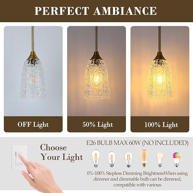Brushed Gold Pendant Lights Kitchen Island 2 Pack, Glass Pendant Light Fixtures with Hammered Glass and Rods, Modern Farmhouse Brass Hanging Light for Kitchen Sink Dining Room Bedroom, E26