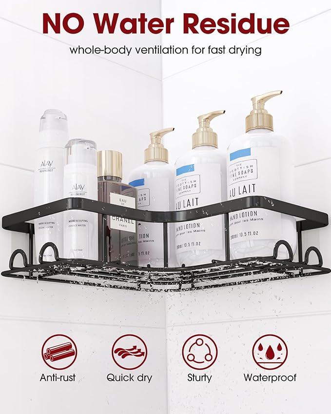 Corner Shower Caddy - 2 Pack, Adhesive Shower Organizers, Rustproof Stainless Steel Shower Shelves with 8 Hooks, No Drilling Bathroom Organizers and Storage Racks, Space-Saving, Black,Medium