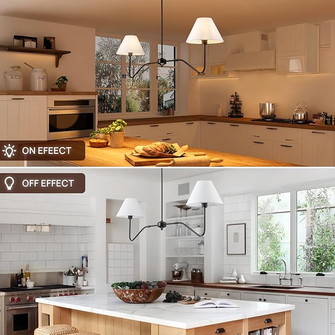 2-Light Modern Linear Chandelier for Dining Room, 55 Inch Farmhouse Kitchen Island Lighting with White Fabric Shades, Hanging Lighting Fixtures for Living Room Bedroom