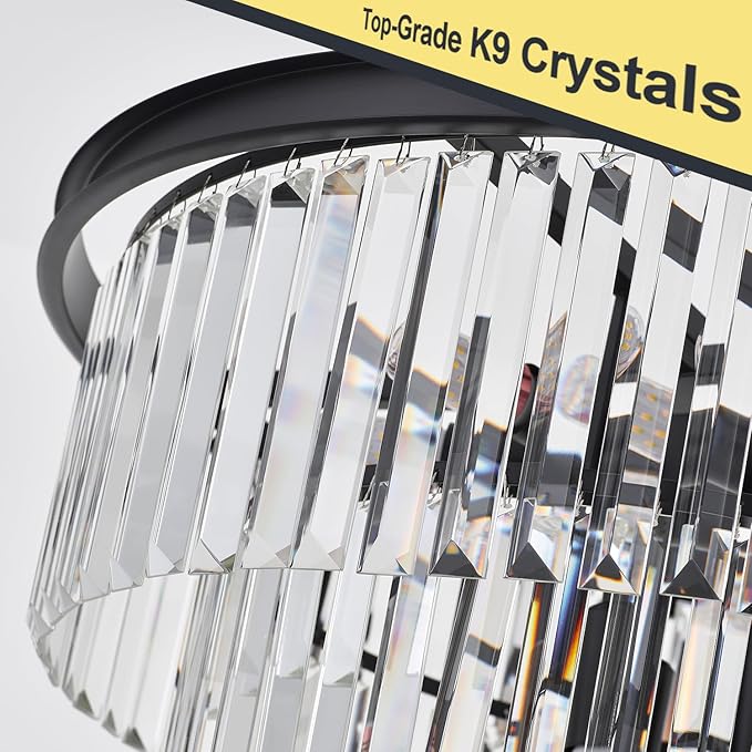4-Tiers 23.6" Black Modern Crystal Chandelier 12-Light Crystal Pendant Ceiling Light Fixture Hanging Lighting for Entryway Dining Room Bedroom Living Room Foyer High Ceiling