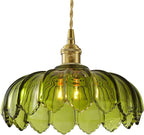 Vintage Glass Pendant Light，Green Flower Ceiling Pendant Light，Gold Adjustable Hanging Wire for Kitchen Island Dining Room Bedroom Hallway (10Inch - Green(D))