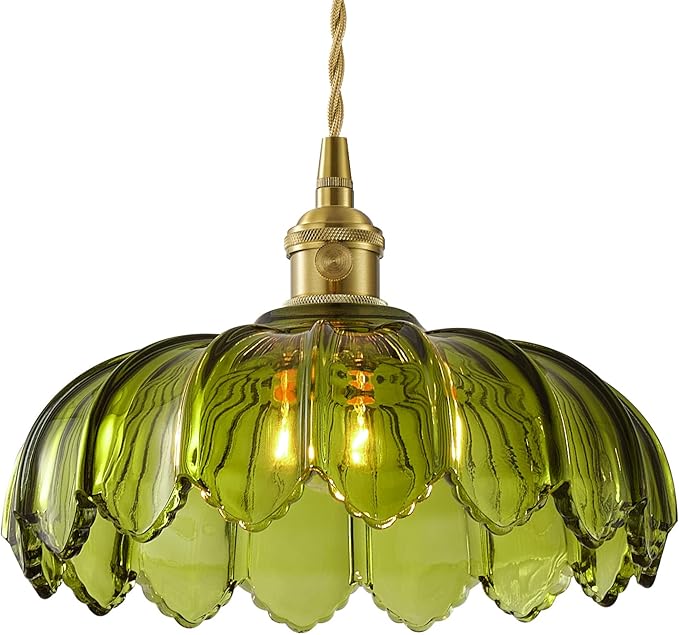Vintage Glass Pendant Light，Green Flower Ceiling Pendant Light，Gold Adjustable Hanging Wire for Kitchen Island Dining Room Bedroom Hallway (10Inch - Green(D))