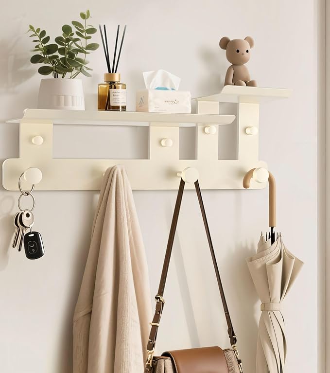 2025 new coat rack wall mount with shelf, shelf with hooks comstructed from premium carbon steel, wall with hooks for entryways, bedrooms, living rooms, bathrooms. (cream white, Small size)