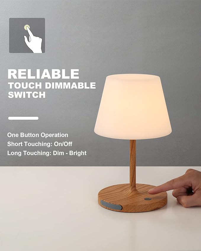 Outdoor Battery Operated Table Lamp Waterproof, 4000mAh Cordless Rechargeable, Touch Dimmable Desk Lamp, LED Night Light for Patio Camping Restaurant Home, H9.6in, Wood Grain
