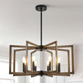 8-Light Metal Geometric Chandelier，Large Kitchen Pendant Lighting Over Island，Farmhouse Dining Room Light Fixture，Wood Grain Finish and Black Modern Chandelier