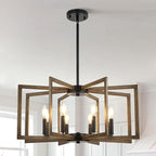 8-Light Metal Geometric Chandelier，Large Kitchen Pendant Lighting Over Island，Farmhouse Dining Room Light Fixture，Wood Grain Finish and Black Modern Chandelier