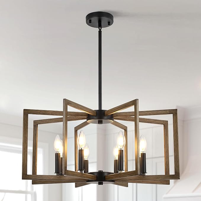8-Light Metal Geometric Chandelier，Large Kitchen Pendant Lighting Over Island，Farmhouse Dining Room Light Fixture，Wood Grain Finish and Black Modern Chandelier