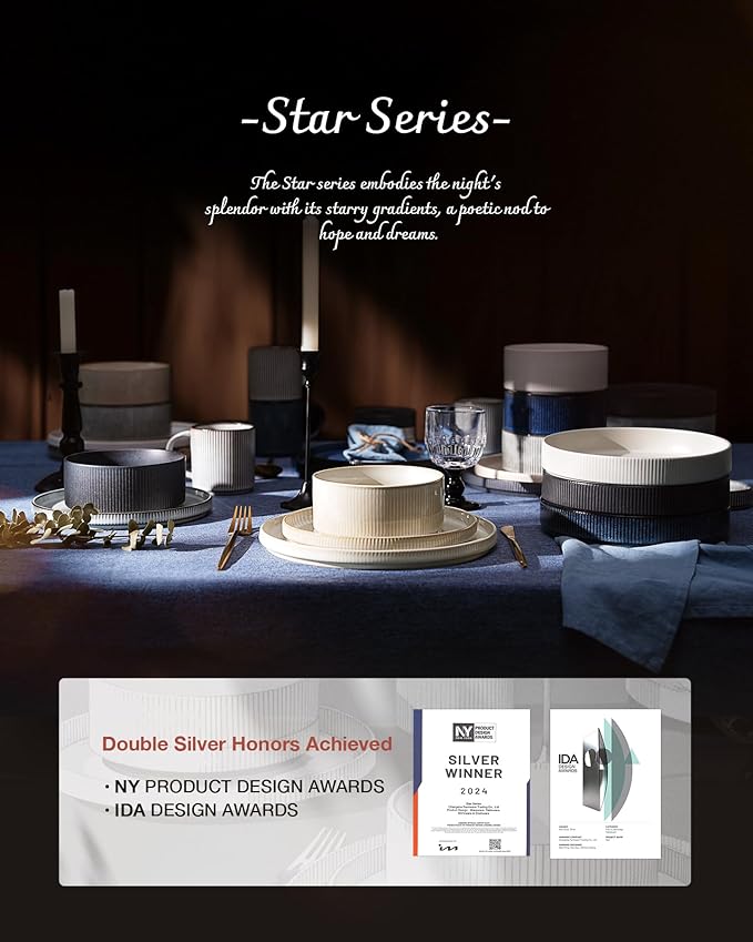 Famiware Star Dinnerware Set with Mugs, Service for 4 (16pcs), Ribbed Stoneware Plates and Bowls Dishes Sets - Chip & Scratch Resistant, Microwave & Dishwasher Safe, Cappuccino White