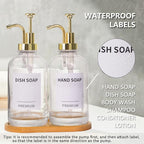 Dish Soap Dispenser for Kitchen, Hand Glass Soap Dispenser Set with Pump, Tray, Funnel for Bathroom, Shower, Laundry, Liquid, Lotion (Gold 2 Pack 18 Oz Clear Bottles with 12 Stickers)