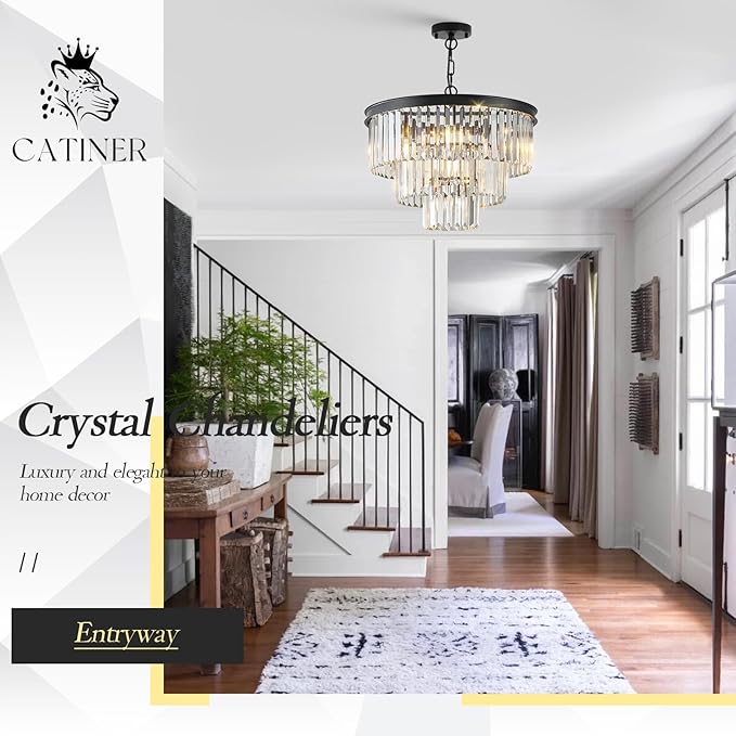 Black Crystal Chandeliers, 20” Modern Chandeliers for Dining Room 3 Tiers 7 Lights Luxury K9 Crystal Ceiling Pendant Round Light Fixture for Foyer Kitchen Bedroom Closet