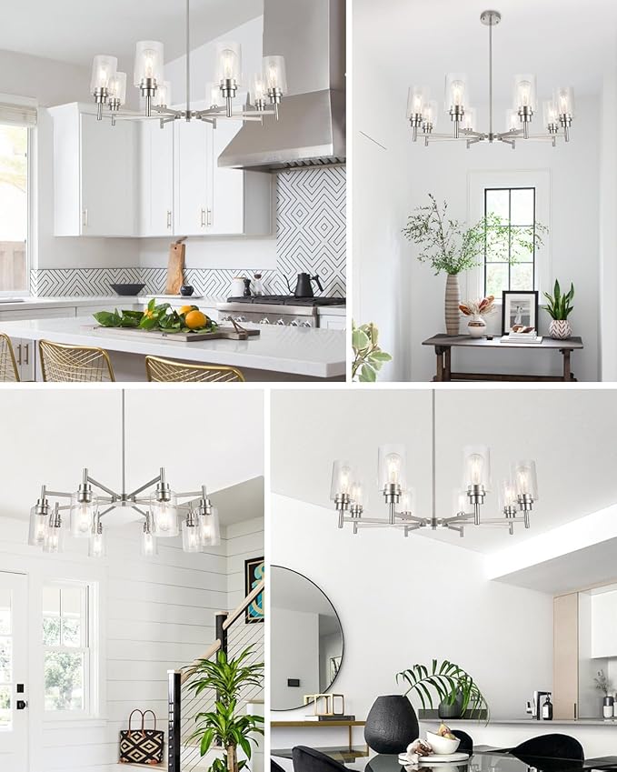 Brushed Nickel Chandeliers for Dining Room, Farmhouse Chandeliers Light Fixture with Clear Glass Shades 8 Light Dining Room Light Fixtures Pendant Lights for Kitchen Island Living Room