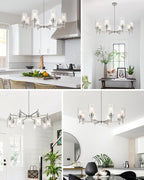 Brushed Nickel Chandeliers for Dining Room, Farmhouse Chandeliers Light Fixture with Clear Glass Shades 8 Light Dining Room Light Fixtures Pendant Lights for Kitchen Island Living Room