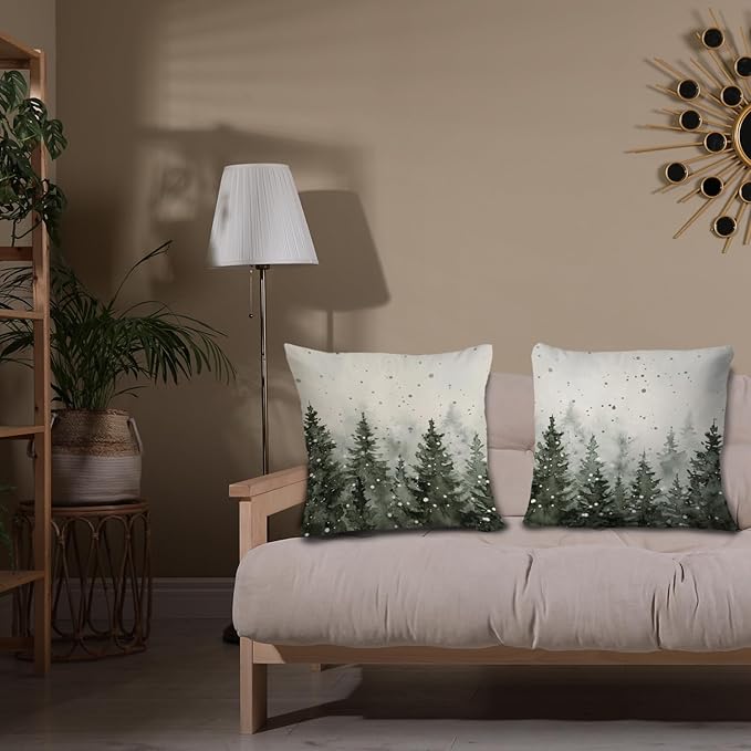 JINYO Rustic Christmas Tree Winter Pillow Covers 18x18, Farmhouse Christmas Decor, Rustic Xmas Winter Forest Nature Snowflake Throw Pillow Covers for Home Living Room Bedroom Set of 2