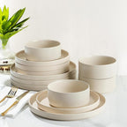 TheTerra Ceramic Dinnerware Sets for 8, 24 Pieces Handmade Reactive Glaze Plates and Bowls Set, Scratch Resistant Dish Set, Oven & Microwave & Dishwasher Safe, Ice Cream