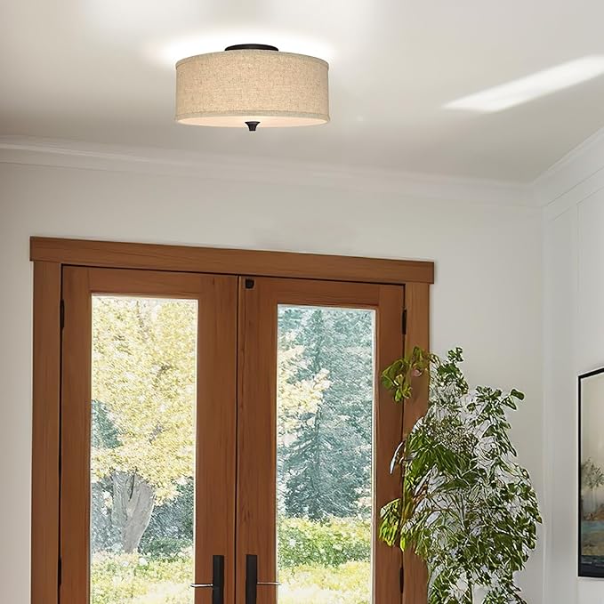 Kira Home Newport 14" Modern 2-Light Semi-Flush Mount Ceiling Light + Beige Linen Drum Shade, Oil-Rubbed Bronze Finish