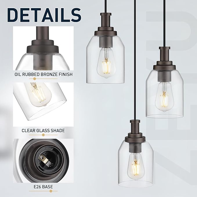 zeyu 3-Light Pendant Lighting, Adjustable Farmhouse Cluster Pendant Light for Kitchen Dining Room, Oil Rubbed Bronze Finish with Clear Glass Shade, ZG33-3 ORB
