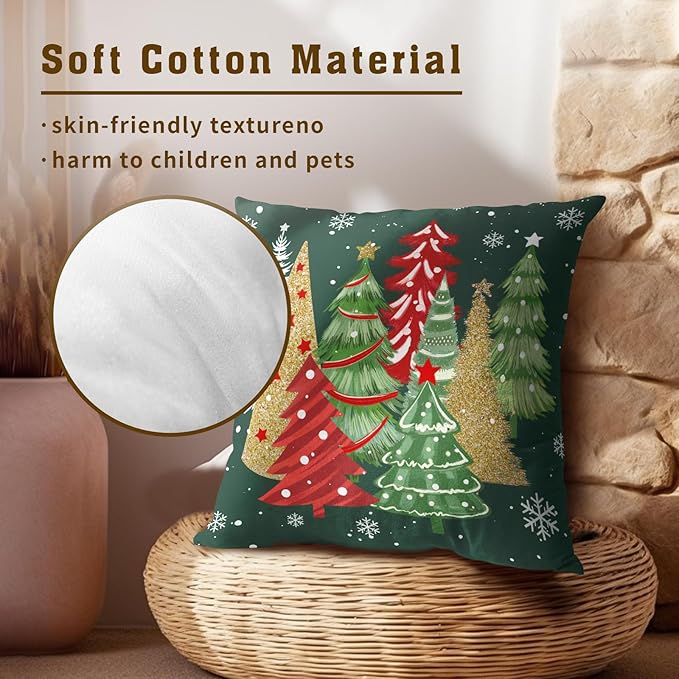 Christmas Green Throw Pillow Covers 16x16, Set of 2 Xmas Trees Snowflakes Decorative Pillow Cases Square Cushion Cover for Couch Sofa Bed Farmhouse Holiday Decoration