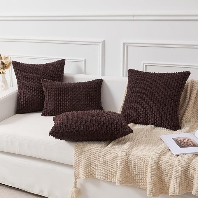 Kevin Textile Decorative Pillow Covers Set of 2 Striped Plush Corduroy Pillows Pillowcases Boho Home Decor Cushion Covers for Couch Sofa Bed Living Room 18x18 Inch, Coffee
