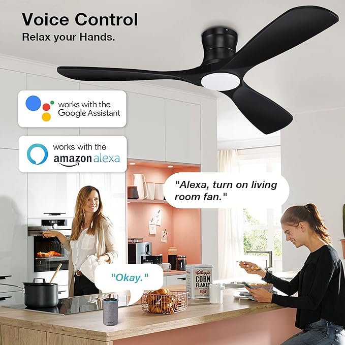 52” Smart Wood Low Profile Ceiling Fan with Lights Remote,Quiet DC Motor,Outdoor Indoor Flush Mount Ceiling Fans Controlled by WIFI Alexa App,Modern Black for Bedroom Living Room Patio Porch