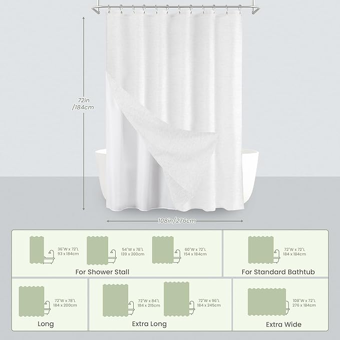 Inhousolu Boho Farmhouse Shower Curtain with Fabric Liner Set, Faux Linen Textured, 20 Metal Hooks Luxury Weighted Hem, Washable Wrinkle Free Bath Curtain for Hotel Bathroom 108" W x 72" L White