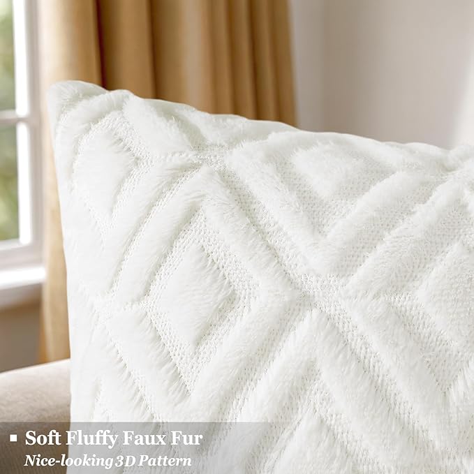Pallene Christmas Cream White Throw Pillow Covers 16x16 Set of 2, Soft Plush Faux Fur Decorative Couch Pillow Covers for Sofa Bed Living Room Pillow Cases with 3D Diamond Pattern