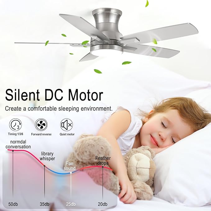 YUHAO 42 Inch Flush Mount Brushed Nickel Ceiling Fan with Light and Remote Control.Noiseless,Dimmable,3CCT,6 Speeds Reversible, Low Profile DC Ceiling Fans for Indoor Use