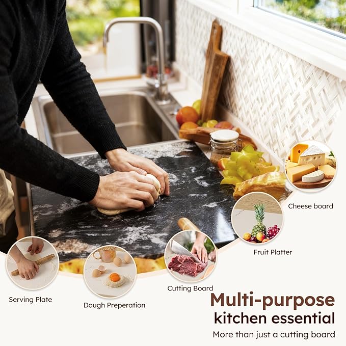Diflart Natural Marble Stone Cutting Board for Kitchen, 16x20 Inch, Black, Marble Slab Pastry Board Large with Non-Slip Feet for Cheese, Charcuterie, Dough Chocolate, Pack of 1 Piece