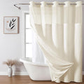 No Hook Shower Curtain and Liner Set,No Hook Tufted Striped Textured Shower Curtain with Snap in Liner Replacement,Boho Style with See Through Top Window,White, Beige/Cream, 71Wx80H