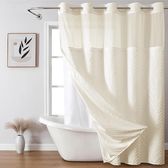 No Hook Shower Curtain and Liner Set,No Hook Tufted Striped Textured Shower Curtain with Snap in Liner Replacement,Boho Style with See Through Top Window,White, Beige/Cream, 71Wx80H