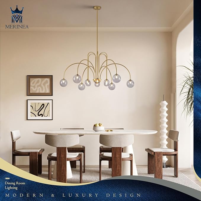 Modern Gold Sputnik Chandelier Mid Century 12 Lights Large L52” Smoke Glass Globe Pendant Light Fixture for High Ceiling Foyer Staircase Living Dining Room